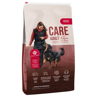 Mera Care Adult med lamm och ris, 66 % animaliskt protein, utan vete, socker och konserveringsmedel, Made in Germany, bra för leder och matsmältning.
