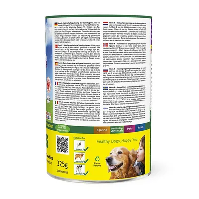 Koiran ravintolisäpurkki, 325 g. Teksti: Suitable for small, medium, large. Healthy Dogs, Happy You. Please Recycle. Alhaalla koiran kuva, ylhäällä käyttöohjeita useilla kielillä.