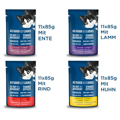Vier Varianten von 'As Good As It Looks' Katzenfutter: 11x85g mit Ente, Lamm, Rind und Huhn. Verpackungen zeigen Produktnamen und Geschmacksrichtungen.