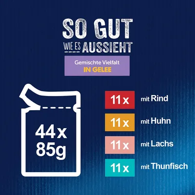 Gemischte Vielfalt in Gelee: 44x85g, 11x mit Rind, 11x mit Huhn, 11x mit Lachs, 11x mit Thunfisch.