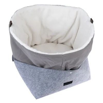Graues und weisses Haustierbett mit weichem Innenfutter und Filzaussenseite, geeignet für kleine Tiere.