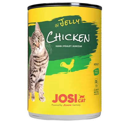 Konzerva JosiCat in Jelly Chicken, kura, pre dospelé mačky, bez obilnín, klimaticky neutrálna výroba. Značka Josera Germany. Viditeľný obrázok mačky a kohúta na obale.