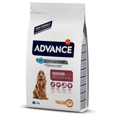 Advance Active Defense Senior Medium храна за кучета, от 7 години, 10-30 кг, с пиле и ориз. Подпомага ставите, мозъчната дейност, храносмилането и зъбите. Опаковка 3 кг.