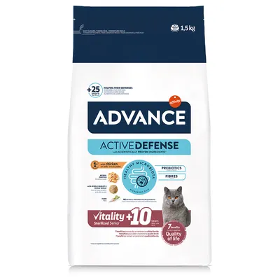 Advance Active Defense cat food for sterilised senior cats, 1.5 kg. With chicken, prebiotics and fibre. Vitality +10 years, 7 benefits for quality of life.