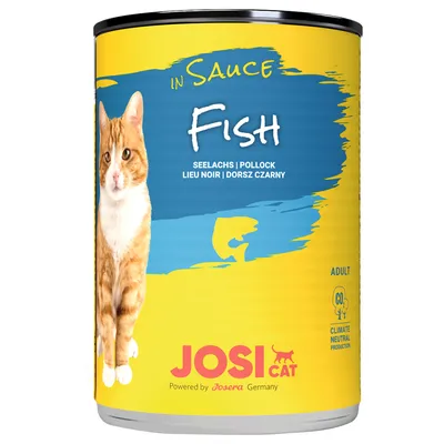 Boîte JosiCat Fish in Sauce pour chat adulte, saveur lieu noir, texte visible : Seelachs, Pollock, Lieu noir, Dorsz Czarny, production neutre en CO₂, Powered by Josera Germany.
