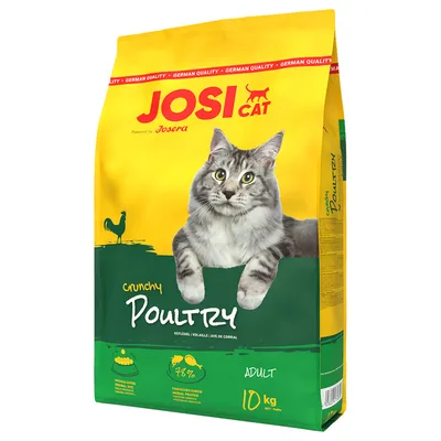 Sac de croquettes JosiCat Crunchy Poultry pour chat adulte, 10 kg, 48 % protéines animales, image d’un chat gris et texte « German Quality » visible en haut du paquet.