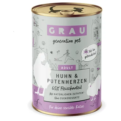 GRAU Adult Huhn & Putenherzen, 65% Fleischanteil, mit natürlichen Zutaten, ohne Zuckerzusatz. Für sensible Katzen. Ich bin getreidefrei!