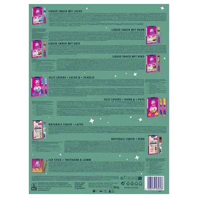 Описание продукта для Vitakraft Snacks: Liquid Snack с лососем, курицей, уткой, говядиной; Jelly Lovers с лососем и палтусом, курицей и индейкой; Naturals Liquid с лососем, говядиной; Cat Stick с индейкой и ягненком.