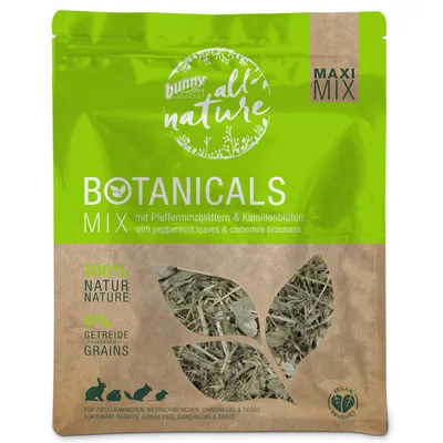 Opakowanie Bunny Nature Botanicals Mix z liśćmi mięty i kwiatami rumianku, 100% natury, 0% zbóż, dla królików miniaturowych, świnek morskich, szynszyli i koszatniczek. Produkt wegański.