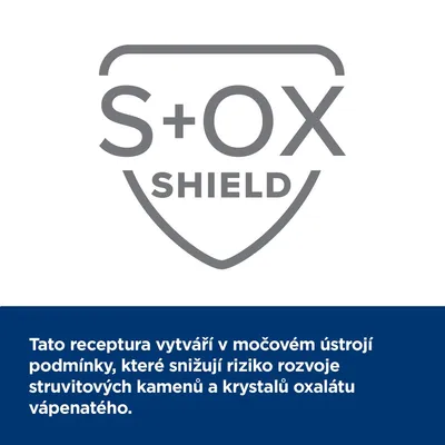 S+OX SHIELD. Táto receptúra vytvára v močovom ústrojenstve podmienky, ktoré znižujú riziko rozvoja struvitových kameňov a kryštálov oxalátu vápenatého. Text v češtine.