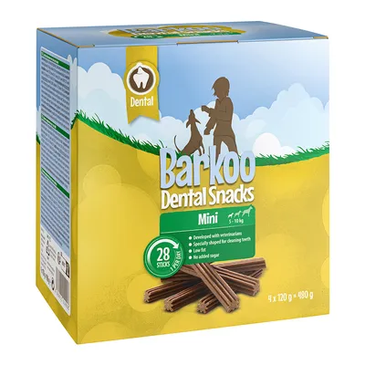 Barkoo Dental Snacks Mini til hunde fra 5-10 kg, 28 sticks pr. pakke, udviklet med dyrlæger, specielt formet til tandrensning, fedtfattig, uden tilsat sukker. Samlet vægt: 480 g.