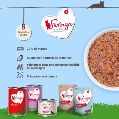 Feringa, grain-free recipe, 70 % de viande, au moins 2 sources de protéines, fabriquées dans une entreprise familiale en Allemagne, préparées avec amour. Boîtes et sachets visibles.