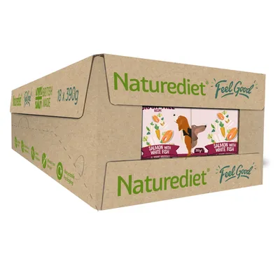 Box containing 18 packs of salmon with white fish recipe, each 390g. British made and recyclable packaging information visible.