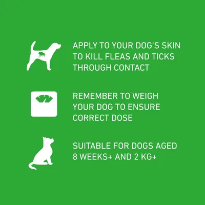 Apply to your dog’s skin to kill fleas and ticks, weigh your dog for correct dose, suitable for dogs aged 8 weeks and over and weighing at least 2 kg.