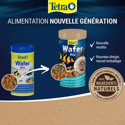 Tetra Wafer Mix, ancienne et nouvelle version : nouvelle recette, nouveau design, nouvel emballage, avec ingrédients naturels, sans conservateurs ajoutés ni colorants.