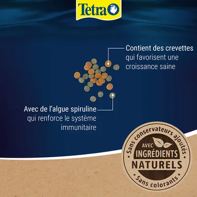Tetra – contient des crevettes, avec de l’algue spiruline. Sans conservateurs ajoutés, sans colorants, avec ingrédients naturels. Texte en français visible sur l’image.