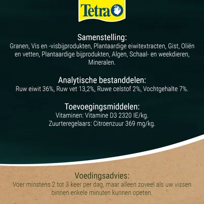 Tetra. Samenstelling: granen, vis en visbijproducten, plantaardige eiwittenextracten, algen, mineralen. Analytische bestanddelen: ruw eiwit 36%, ruw vet 13,2%. Voedingsadvies inbegrepen. Tetra. Samenstelling: granen, vis en visbijproducten, plantaardige eiwittenextracten, algen, mineralen. Analytische bestanddelen: ruw eiwit 36%, ruw vet 13,2%. Voedingsadvies inbegrepen.