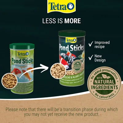Tetra Pond Sticks old and new packaging, both with fish images. Text: Less is more, improved recipe, new design, no added preservatives, with natural ingredients, no colourants.