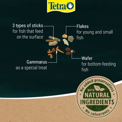 Tetra. 3 types of sticks for fish that feed on the surface, flakes for young and small fish, gammarus as a special treat, wafer for bottom-feeding fish. With natural ingredients, no added preservatives, no colourants. Tetra. 3 types of sticks for fish that feed on the surface, flakes for young and small fish, gammarus as a special treat, wafer for bottom-feeding fish. With natural ingredients, no added preservatives, no colourants.