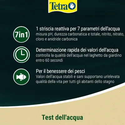 Tetra 7in1 strisce reattive per 7 parametri dell'acqua, determinazione rapida della qualità dell'acqua in 60 secondi, valori stabili favoriscono il benessere dei pesci. Tetra 7in1 strisce reattive per 7 parametri dell'acqua, determinazione rapida della qualità dell'acqua in 60 secondi, valori stabili favoriscono il benessere dei pesci.