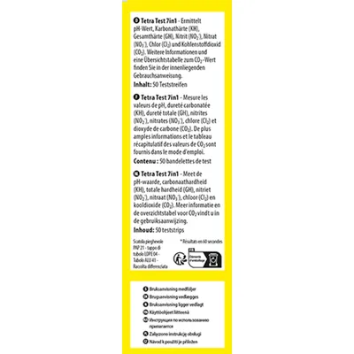 Tetra Test 7in1: Misura il valore del pH, la durezza carbonatica, la durezza totale, i nitriti, i nitrati, il cloro e il CO2. Contiene 50 strisce reattive. Ulteriori informazioni e tabella del CO2 nelle istruzioni per l’uso.