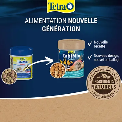 Tetra TabiMin Tablets, alimentation nouvelle génération pour poissons, nouvelle recette, nouveau design et emballage, avec ingrédients naturels, sans conservateurs ajoutés ni colorants.