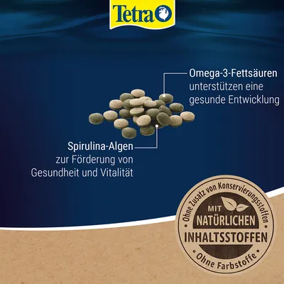 Tetra, pastilles vertes et beiges. Texte en allemand : Omega-3-Fettsäuren unterstützen eine gesunde Entwicklung, Spirulina-Algen zur Förderung von Gesundheit und Vitalität, Mit natürlichen Inhaltsstoffen.