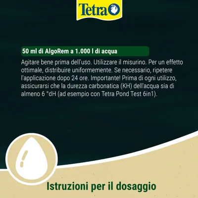 Istruzioni per il dosaggio: 50 ml di AlgoRem per 1.000 l d'acqua. Agitare prima dell'uso, utilizzare il misurino, distribuire uniformemente, se necessario ripetere dopo 24 ore. Controllare che il KH sia almeno di 6 °dH. Istruzioni per il dosaggio: 50 ml di AlgoRem per 1.000 l d'acqua. Agitare prima dell'uso, utilizzare il misurino, distribuire uniformemente, se necessario ripetere dopo 24 ore. Controllare che il KH sia almeno di 6 °dH.