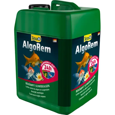 Tetra Pond AlgoRem, Made in Germany. Combatte le alghe in sospensione, Pronto intervento 24h. Immagine del prodotto con pesci e fiori. Tetra Pond AlgoRem, Made in Germany. Combatte le alghe in sospensione, Pronto intervento 24h. Immagine del prodotto con pesci e fiori.