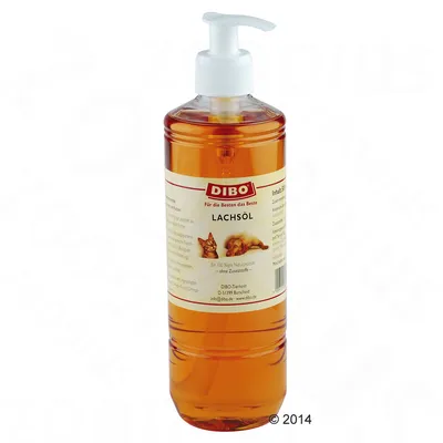 Botella con dosificador de DIBO Lachsöl. Etiqueta muestra imágenes de un gato y un perro, texto en alemán: 'Für die Besten das Beste', 'LACHSÖL', sin aditivos, producto natural.