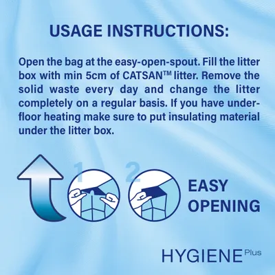 Usage instructions: fill litter box with at least 5cm of CATSAN litter, remove solid waste daily, change litter regularly, use insulation if underfloor heating. Easy opening steps shown.