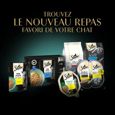 Gamme de repas pour chat Sheba : Mini Filets en sauce au poulet, Sélection aux Poissons, Délices Gourmandes, Soup au thon, Perfect Portions au poulet, Natures Collection au bœuf.