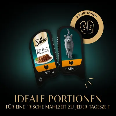 Sheba Perfect Portions, 6 Portionen à 37,5g mit Huhn. Ideale Portionen für eine frische Mahlzeit zu jeder Tageszeit.
