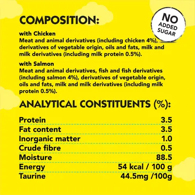 Composition: with chicken and salmon, meat and animal derivatives, vegetable origin, oils, fats, milk. No added sugar. Analytical values: protein 3.5%, fat 3.5%, moisture 88.5%.
