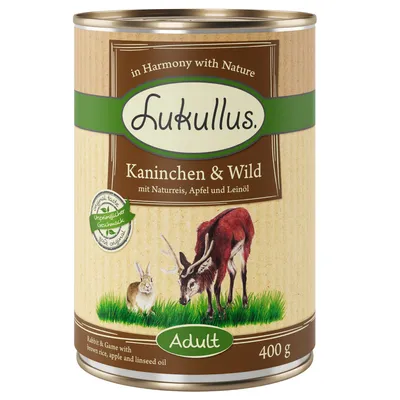 Lukullus kaniini & riista, luonnonriisi, omena ja pellavaöljy. Aikuisille, 400 g tölkki. Alkuperäinen maku, Harmony with Nature.