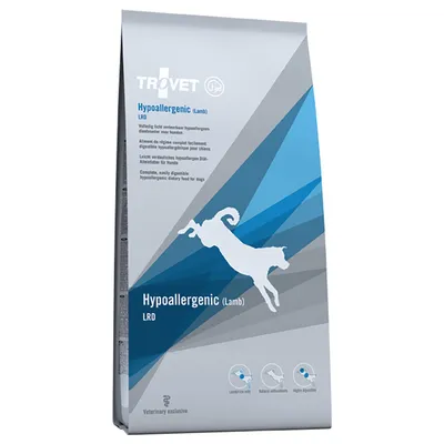 Sac TROVET Hypoallergenic (Lamb) LRD, aliment diététique pour chiens, mention 'Lamb/rice only', 'Natural antioxidants', 'Highly digestible', exclusif vétérinaire visible sur l'emballage.
