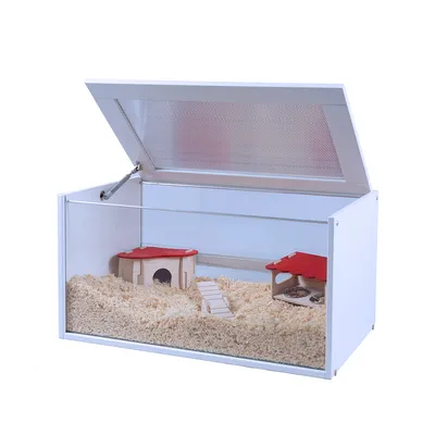 Gabbia per criceti in vetro e legno con coperchio aperto, due casette rosse, una rampa e ciotole per il cibo su lettiera.