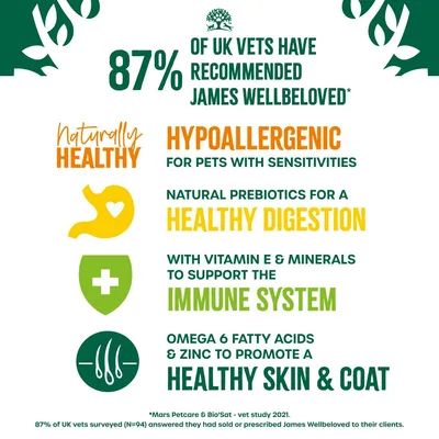 87% of UK vets have recommended James Wellbeloved. Hypoallergenic for pets with sensitivities, natural prebiotics, vitamin E & minerals, omega 6 fatty acids & zinc. Naturally healthy.