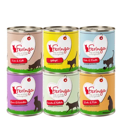 Šest pločevink Feringa mačje hrane: raca & teletina, perutnina, piščanec & postrv, jagnjetina & zajec, zajec & puran, losos & postrv. Vidni okusi in blagovna znamka Feringa.
