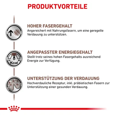 Produktvorteile: Hoher Fasergehalt für geregelte Verdauung, angepasster Energiegehalt trotz hohem Faseranteil, Unterstützung der Verdauung durch hochverdauliche Rezeptur mit präbiotischen Fasern.