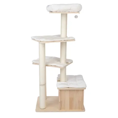 Cat tree made of wood with four levels, padded lying areas and play ball. In light wood design with white fabric cover.