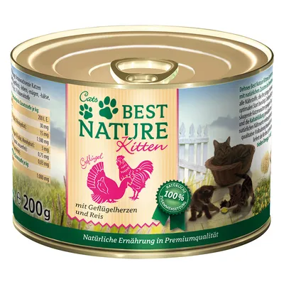 Boîte de pâtée pour chatons Cats Best Nature Kitten, 200 g, avec cœurs de volaille et riz. Texte visible : 100 % naturelle Zusammensetzung, natürliche Ernährung in Premiumqualität.