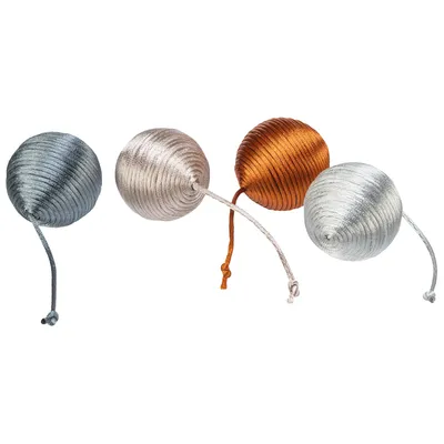 Four shiny fabric play balls in silver, grey, copper and white with strings for playing.