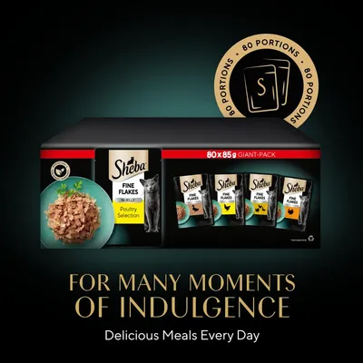 Sheba Fine Flakes in Jelly Poultry Selection, giant pack with 80 x 85g portions. Text: For many moments of indulgence. Delicious meals every day.
