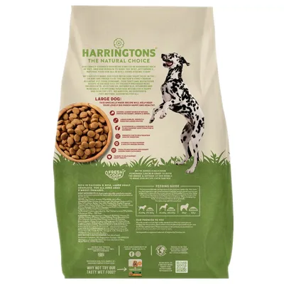 Back of pet food bag showing feeding guide, key benefits for large dogs, and a bowl of kibble. Includes nutritional information and instructions for portion sizes based on weight.