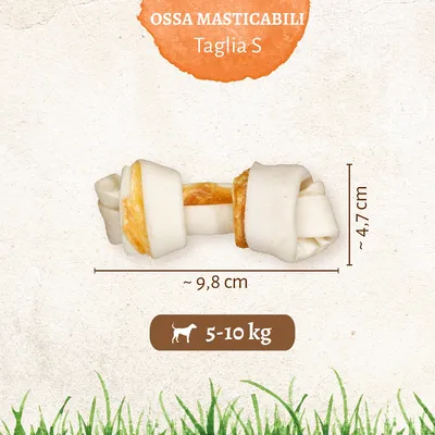 Ossa masticabili Taglia S, dimensioni circa 9,8 x 4,7 cm, per cani 5–10 kg. Testo visibile: OSSA MASTICABILI Taglia S, 5–10 kg.