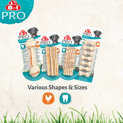 Dental chews in various shapes and sizes, with icons indicating chicken flavour and dental care benefits. Text reads: Various Shapes & Sizes.