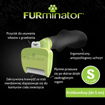 FURminator, rozmiar S 4,5–9 kg, dla krótkowłosych (do 5 cm). Przycisk do usuwania włosów, ergonomiczny uchwyt, zakrzywiona krawędź ze stali nierdzewnej, zaokrąglone rogi.