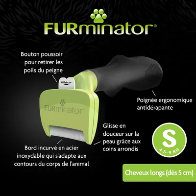 FURminator, brosse avec bouton poussoir pour retirer les poils, poignée ergonomique antidérapante, bord incurvé en acier inoxydable, taille S 4,5–9 kg, cheveux longs dès 5 cm. FURminator, brosse avec bouton poussoir pour retirer les poils, poignée ergonomique antidérapante, bord incurvé en acier inoxydable, taille S 4,5–9 kg, cheveux longs dès 5 cm.