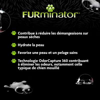 FURminator. Contribue à réduire les démangeaisons sur peaux sèches, hydrate la peau, favorise une peau et un pelage sains, technologie OdorCapture 360 contre les odeurs de chien mouillé.